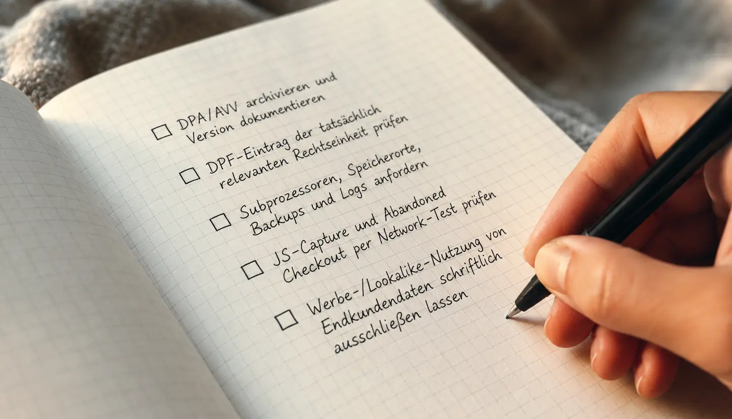 Frauenhand schreibt eine Check-Liste für DSGVO-Angaben zu SureCart